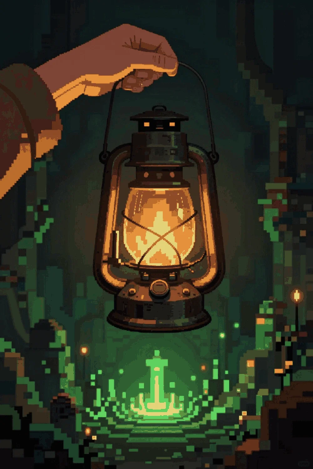Tallow, the lantern, held up over a stair glowing green in the dark