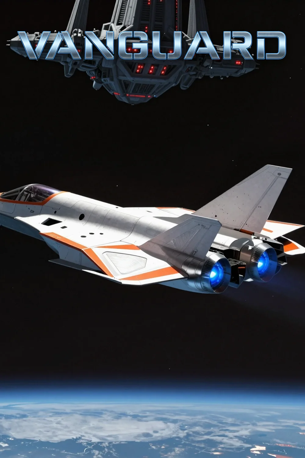The white and orange Vanguard fighter under the Vanguard logo, the Vey fortress looming above