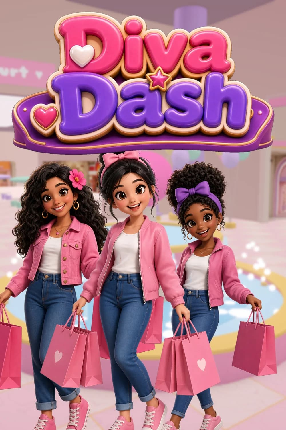 The Diva Dash logo over the mall atrium, with three divas carrying pink shopping bags
